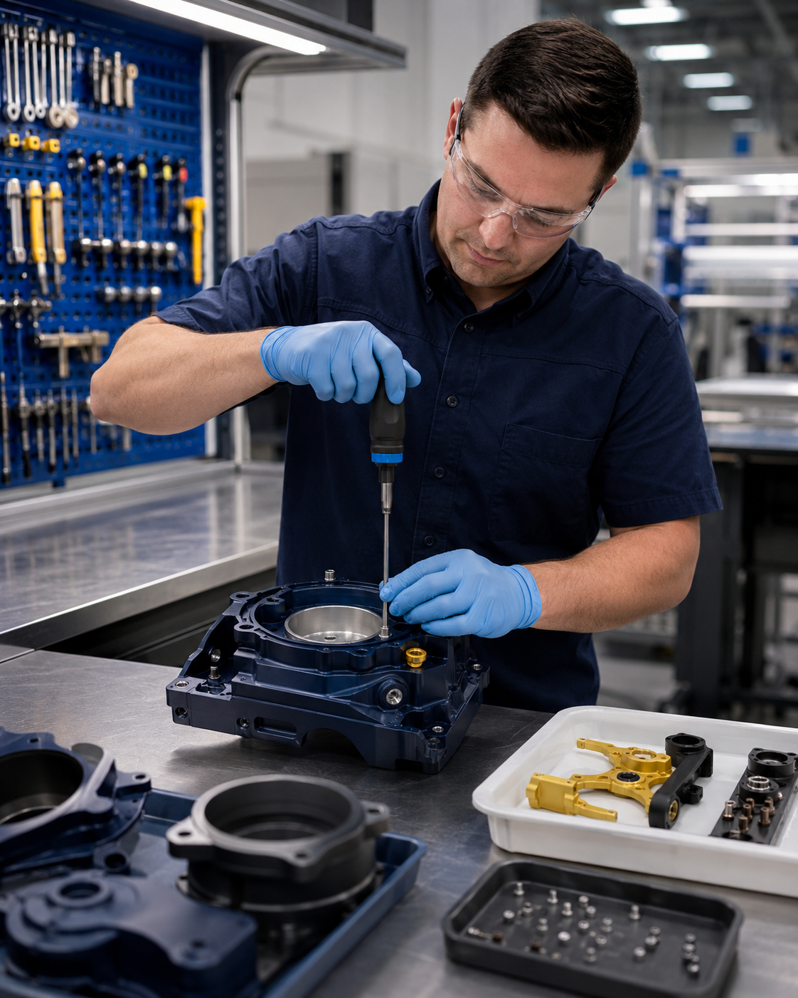 Representative painted aerospace components and careful hardware assembly at a clean production bench