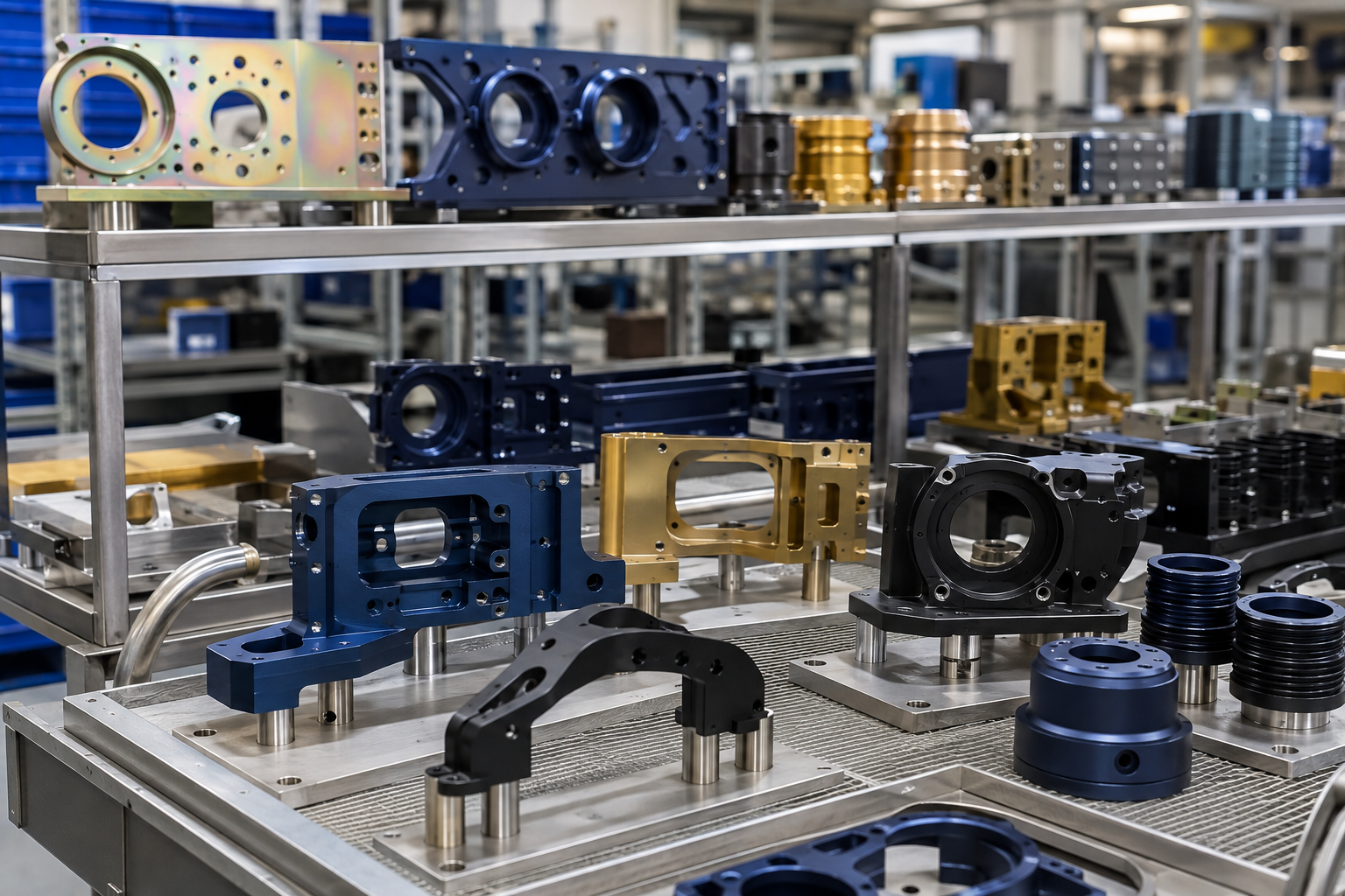 Representative anodized and chemfilm-treated aerospace components on processing racks